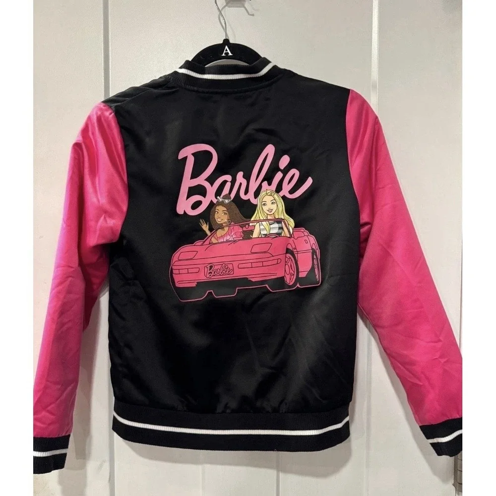 Barbie Limited Edition Bomber Jacket Pink Black Satin Graphic Print Youth XXL 18